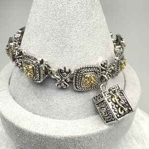 Vintage Charm Link Bracelet Prayer Box Mixed Metal 1990s Southwestern 6.75"